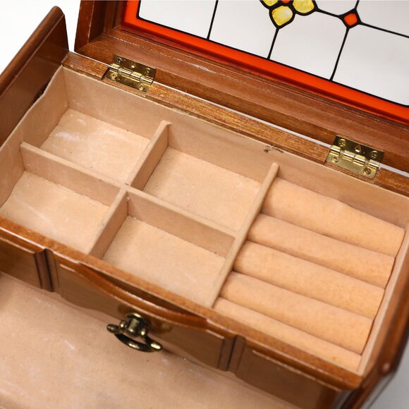 Vintage Wooden Musical Jewelry Box with Stained Glass Lid Trinket Box Storage - Picture 6 of 15